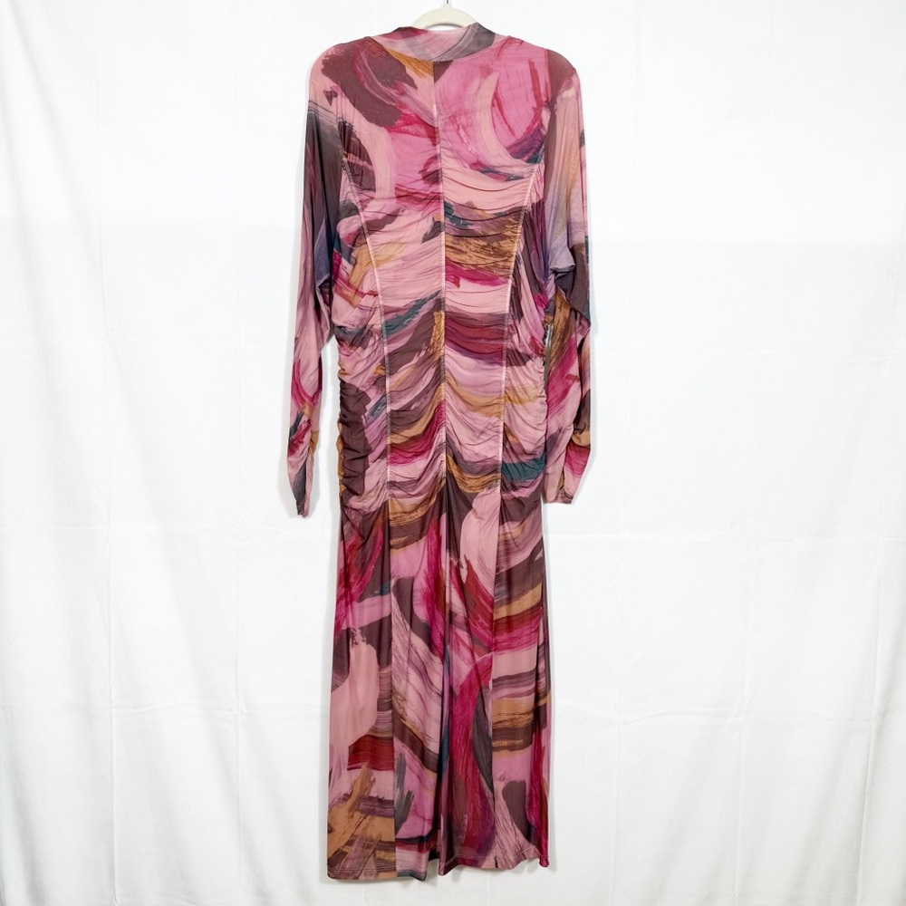 Anthropologie Long Sleeve Printed Mesh Midi Maxi Dress Ruched Mock Neck - Picture 4 of 16